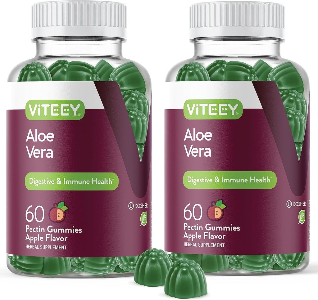 Viteey Aloe Vera Gummi für Erwachsene - 50mg - Aids in Verdauung und Immune Gesundheit - Aloe Vera Supplement - Vegan, Gelatin frei, Glutenfrei, GMO kostenlos, Tasty Chewable Raspberry Flavored Gummy