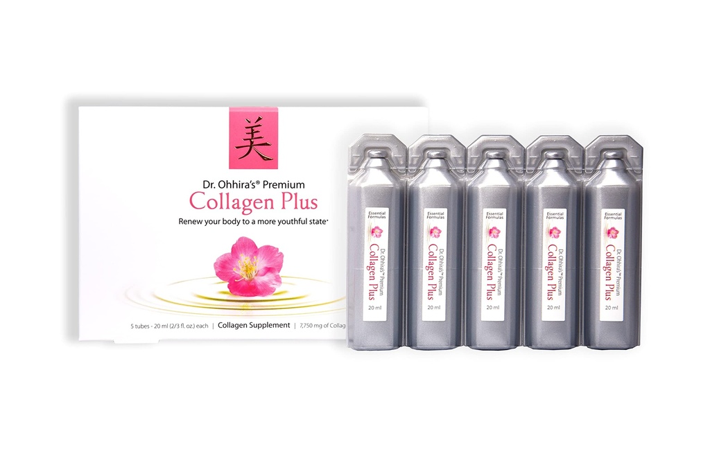 Dr. Ohhiras Premium Collagen Plus. Eine flüssige, leicht mischbare Collagen-Ergänzung mit 7,750 mg Marine Collagen Peptides, Plus Kirschblütenextrakt und einem pflanzenbasierten probiotischen Konzentrat, 5 Pack