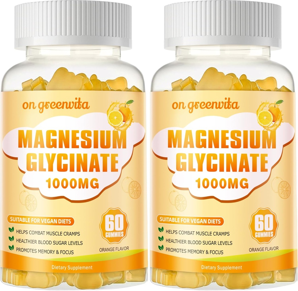 Magnesium Glycinate Gummies 1000mg - Zuckerfreie Magnesium Kalium-Ergänzung mit Vitamin D, B6, CoQ10 für ruhige Stimmung & Schlaf-Unterstützung - 120 Orange Gummies 2 Pack