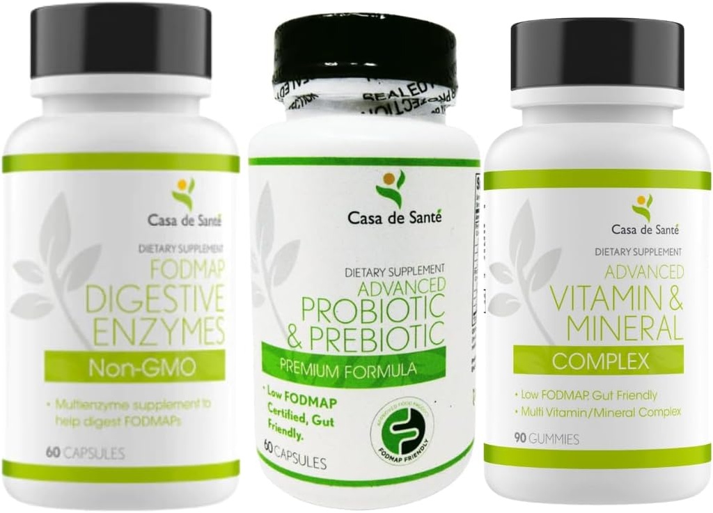 Casa de Sante Probiotic & Prebiotic Synbiotic, Advanced Vitamin & Mineral Complex Gummis und FODMAP Verdauungsenzyme, Non GMO Low FODMAP Certified Bund