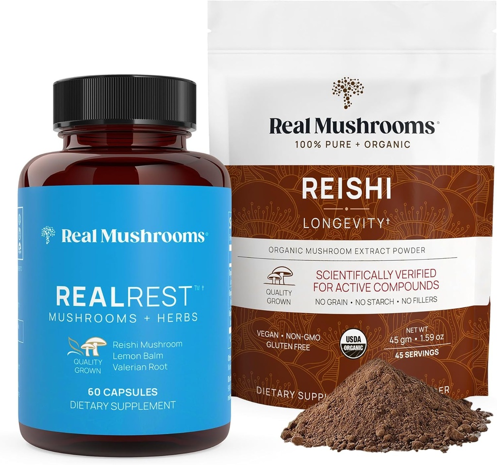 Reale Pilze RealRest (60ct) Kapseln und Reishi Pilzpulver (45 Portionen) Bundle - Pilzergänzung für Langlebigkeit, Tägliche Immununterstützung, verbessert Schlaf und Entspannung - Vegan, Non-GMO