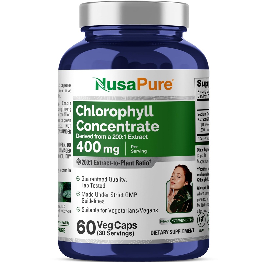 NusaPure Chlorophyll 200:1 Extrakt, 400 mg Äquivalent zu 80.000mg 60 Veggie Caps (Äquivalent 80000mg pro Servierung, Non-GMO, Vegan) Natrium Kupfer Chlorophyllin