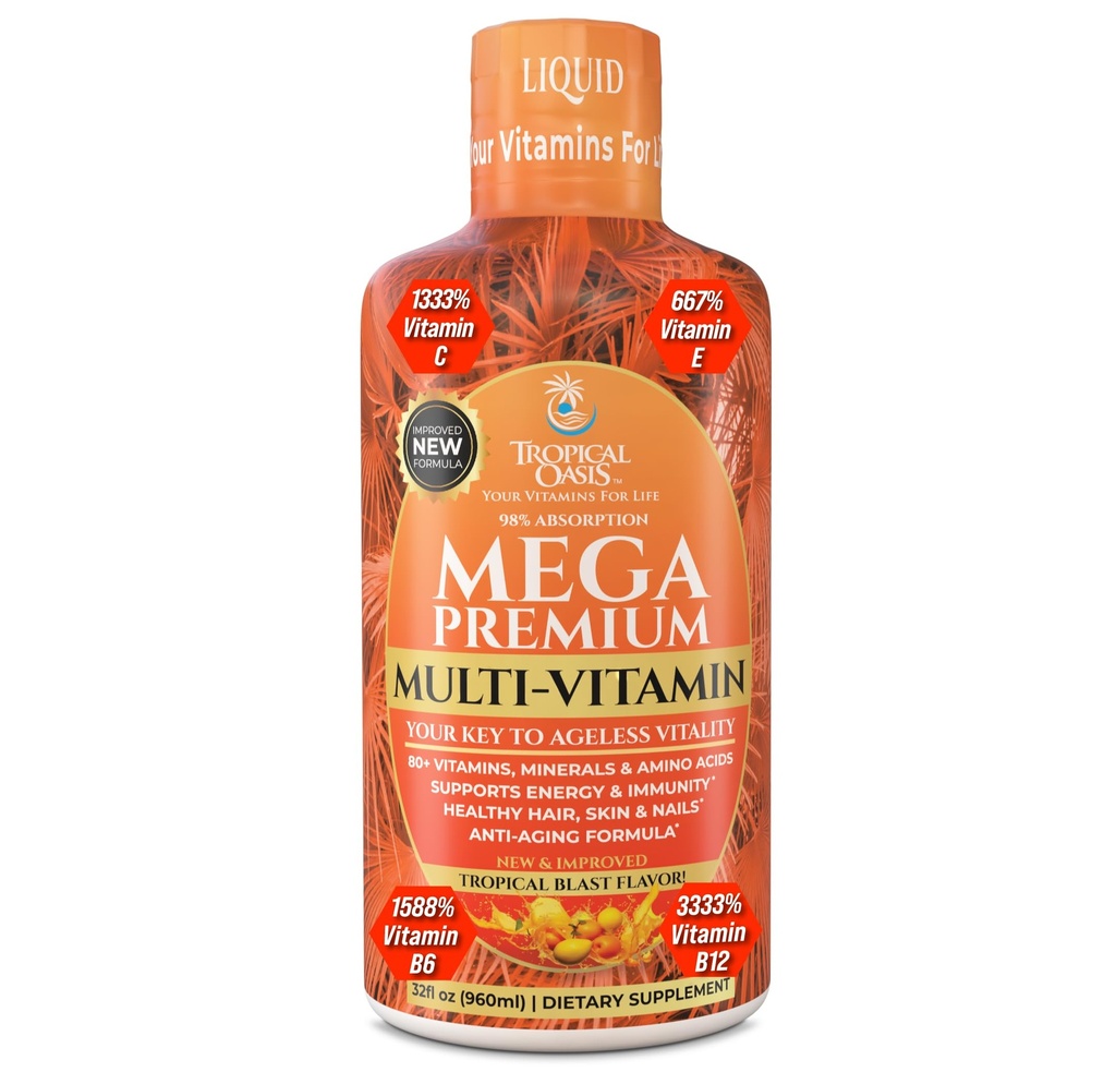 Mega Premium Liquid Multivitamin | Natürliche Immununterstützung Vitamin w/ 1333% Vitamin C, 200% D3, Zink + 20 Vitamine, 70 Mineralien, & 21 Aminosäuren | Zuckerfrei | Orange Geschmack | 98% Absorption | 32 Serv
