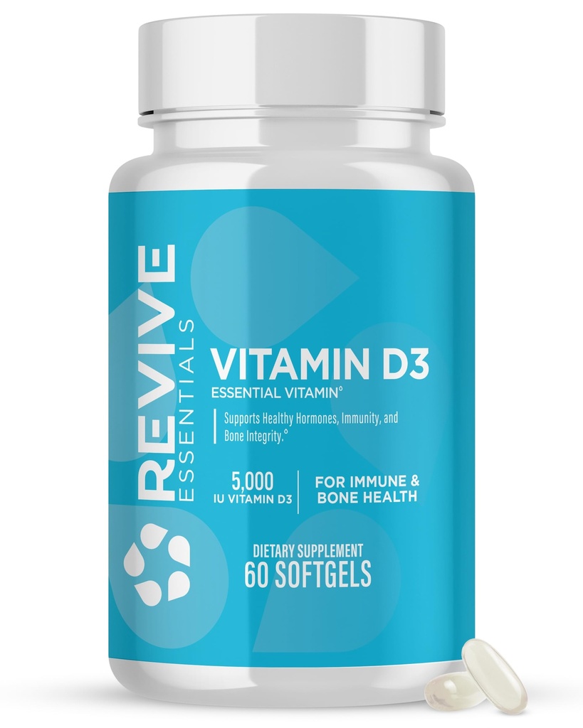 Revive MD Vitamin D3 Supplement, 5000 IU - Hohe Potenz Cholecalciferol für Immununterstützung, Kalziumabsorption, Knochen & Muskelgesundheit - Nicht-GMO-Diätsergänzung mit keinen Füllstoffen - 60 Softgels