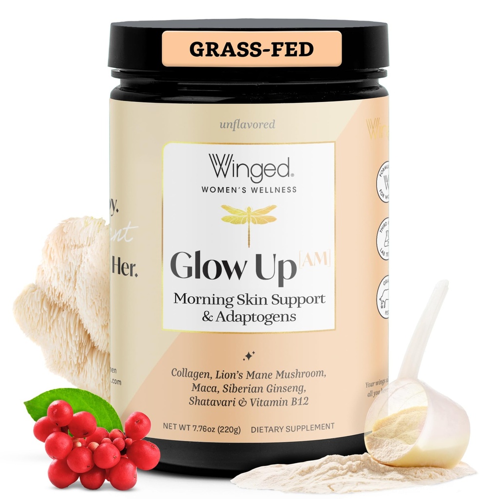 Winged Wellness Glow Up AM, Collagen Powder für Damen - Morning Beauty Supplement für Glowing Skin mit Grass-Fed Hydrolyzed Collagen Peptides, Lion's Mane & Maca Root - 21 Servierungen, Unflavored