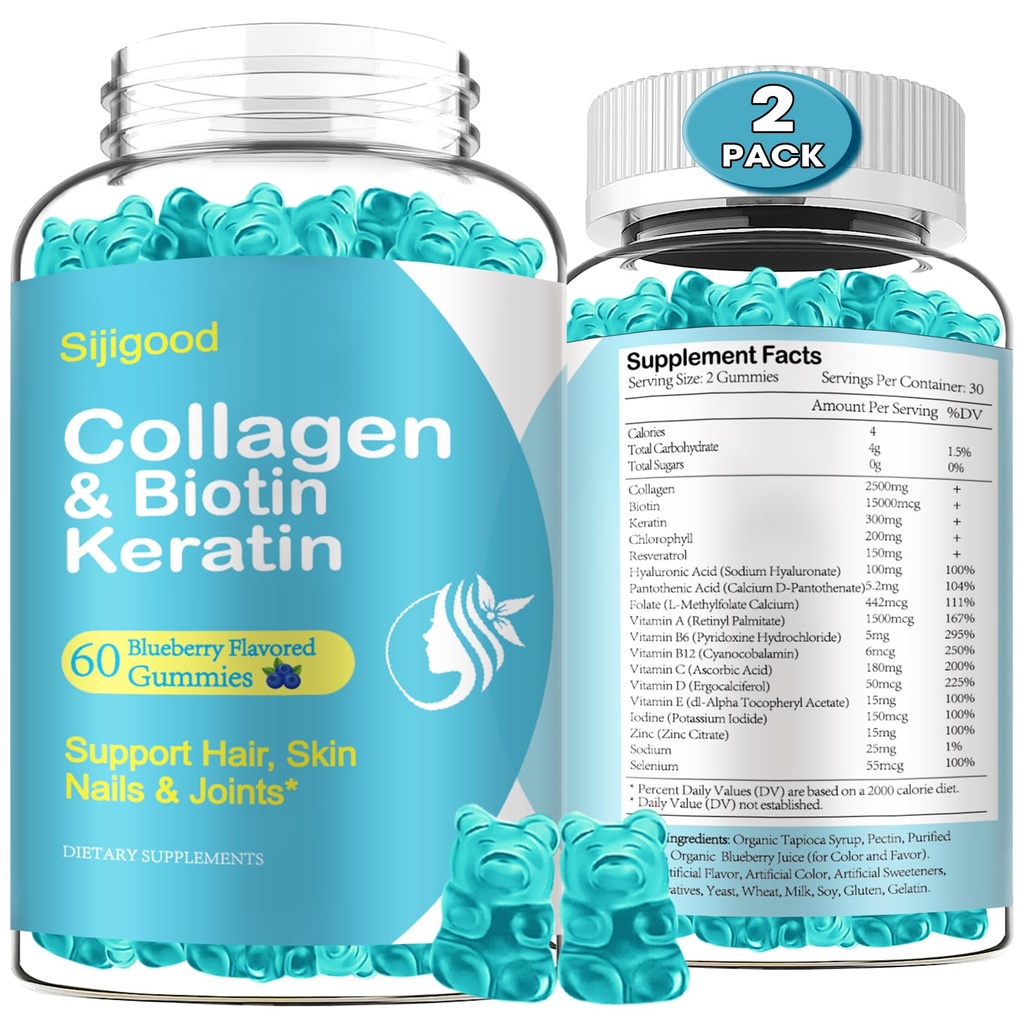 2 Pack Biotin Gummis mit Kollagen, Keratin, Hyaluronsäure, Vitamin für Haut, Haarwachstum, Nägel, Frauen Männer Erwachsene Kinder - Blueberry Flavored, 120 Gummis