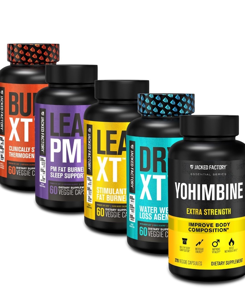 Jacked Factory Thermogenic Fat Burner Weight Loss Supplement - Burn-XT Thermogenic und Lean PM Nighttime Weight Loss Sleep Aid - Lean-XT Koffeinfrei Fat Burner, Yohimbine Capsules, Dry XT Diuretic