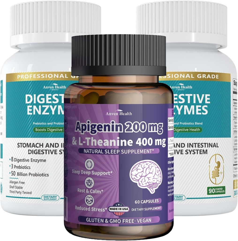 Apigenin mit L-Theanin + Verdauungsenzyme Wellness Bundle – Natürliche Entspannung, Stress und Verdauungsunterstützung
