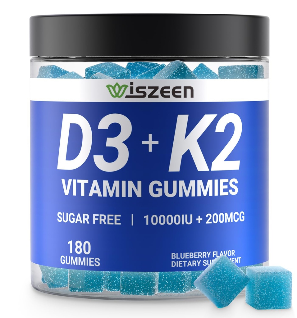 Zuckerfreies Vitamin D3 K2 Gummi, Vitamin D3 10000iu & Vitamin K2(MK7) 200mcg mit Calcium, Magnesium, Vitamin B12 für Knochenmuskel Zähne Immun, Vegan