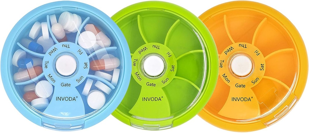 INVODA Wöchentliche Pille Organizer 7 Kompartment rotierende Pille Box für tägliche Medikamente & Vitamine - Tragbare Reise Pille Fall Fischöl ergänzt Vitamine Organizer (Green+Sky Blue+Orange)