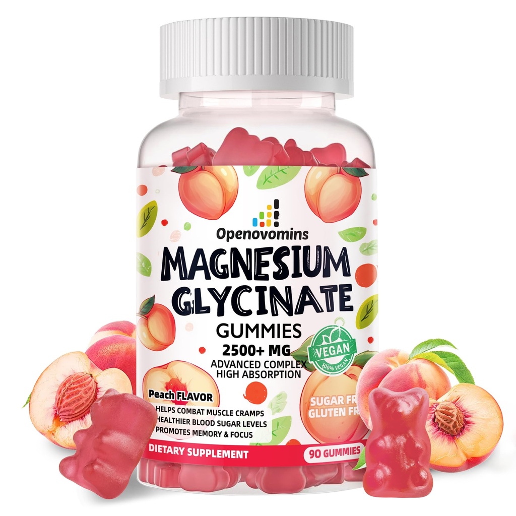 Magnesium Glycinate Gummies 2500mg - Zuckerfreie Magnesium Kaliumergänzung mit Vitamin D, B6, CoQ10 für ruhige Stimmung & Schlafunterstützung - 90 Peach Gummies