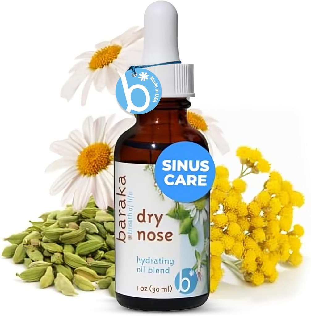 Baraka Dry Nose Nasal Oil – Organic Essential Oils (Cardamom, Everlast, German & Roman Chamomile) in Sesam Oil Base – Hydrating Nose Moisturizer for Dry Sinuses – 1 Pack (1 oz Dropper Bottle)