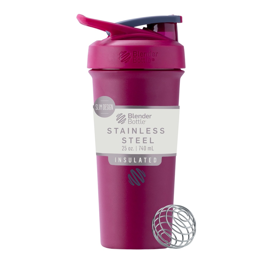 BlenderBottle Sport Sleek Insulated Stainless Steel Shaker Bottle mit Draht Whisk, 25-Ounce, Raspberry – Protein Shakes & Hydration für Athleten & Fitness Enthusiasten, Einfache Mischung, Slim einfach zu halten, hält Getränke kalt, abschließbar Deckel