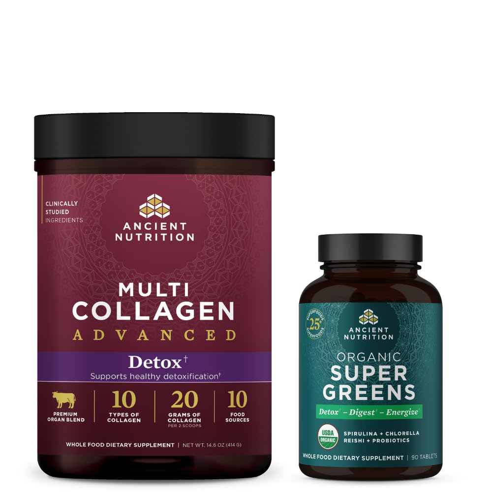 Antike Ernährung Multi Collagen Advanced Powder Cleanse & Detox, entflammt, 36 Servierungen + Bio Super Greens Tablet 90 Count