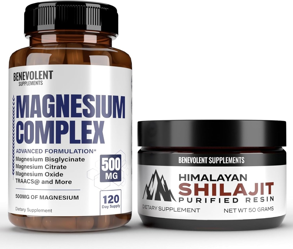 Magnesium Complex mit 5 besten Formen & Himalayan Shilajit Resin - 4 Monate Versorgung von 500mg Magnesium Glycinat, Oxid, Taurate, Chelate, Magnesium Citrat - 85+ Trace Minerals for Energy