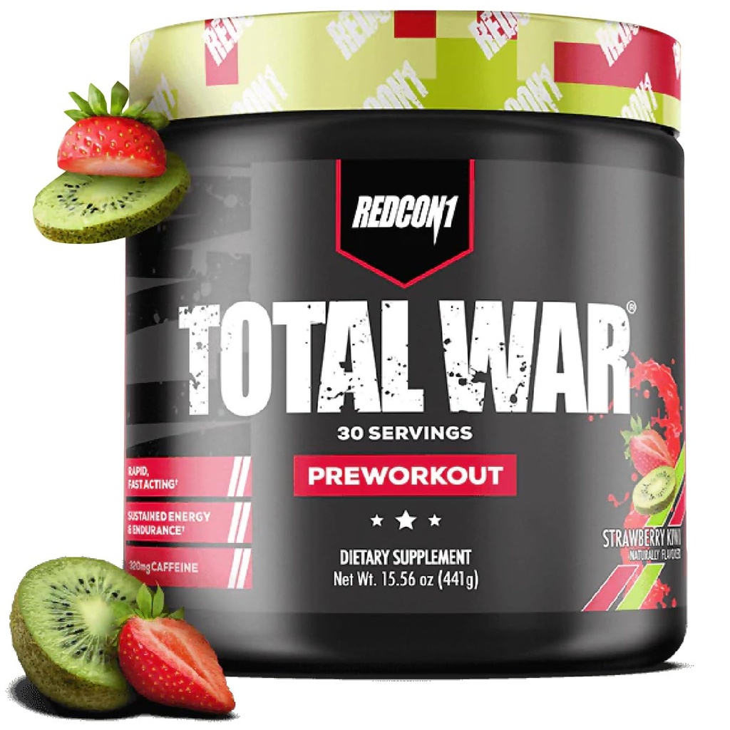REDCON1 Total War Pre Workout, Strawberry Kiwi - L Citrulline, Malic Acid, Green Tea Leaf Extract für Pump Boosting Pre Workout für Damen und Herren - 3.2g Beta Alanine zur Reduzierung der Auspuffung (30 Portionen)