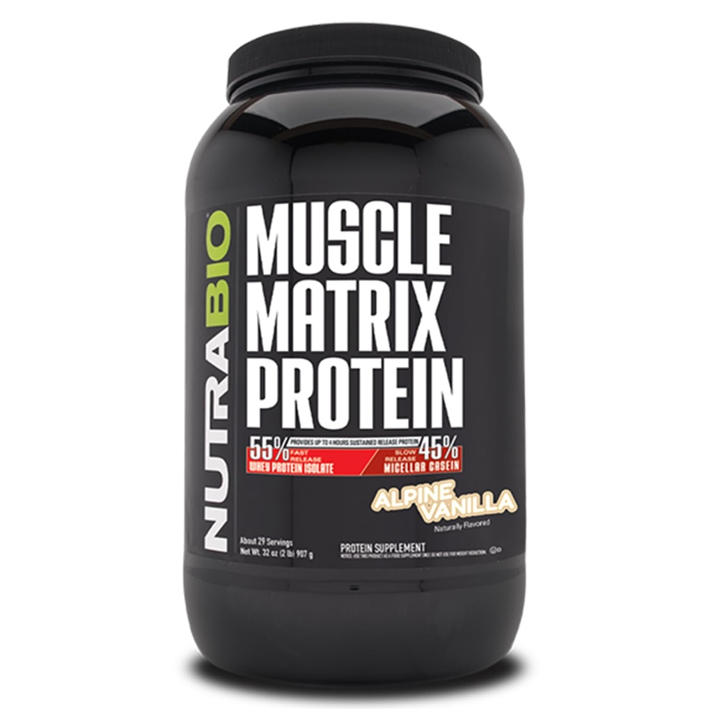 NutraBio Muscle Matrix Protein Powder - 25g Protein Per Scoop - Whey Isolate und Micellar Casein Combo für schnelle und langsame Freisetzung - Vanille - 2 Pfund, 28 Portionen