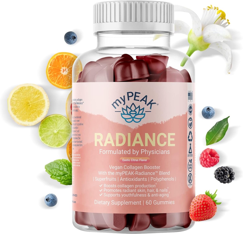 myPEAK Radiance Vegan Collagen Booster und Superfruit Gummis, Collagen Ergänzungen mit Superfruits und hautsteigernden Nährstoffen, Haarhaut und Nägel Vitamine für Schönheit, 60 Gummi