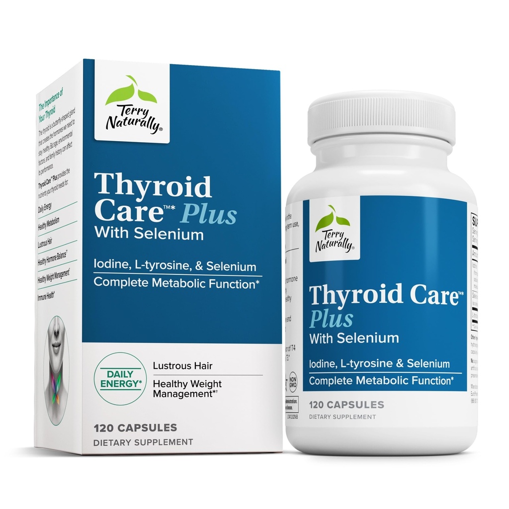 Terry Naturally Thyroid Care Plus - Ergänzung zu Hilfe Schilddrüse - Nahrungsergänzungsmittel für Energie & Gesunde Haare Unterstützung - Ergänzung mit L-Tyrosine & Selen - 120 Kapseln