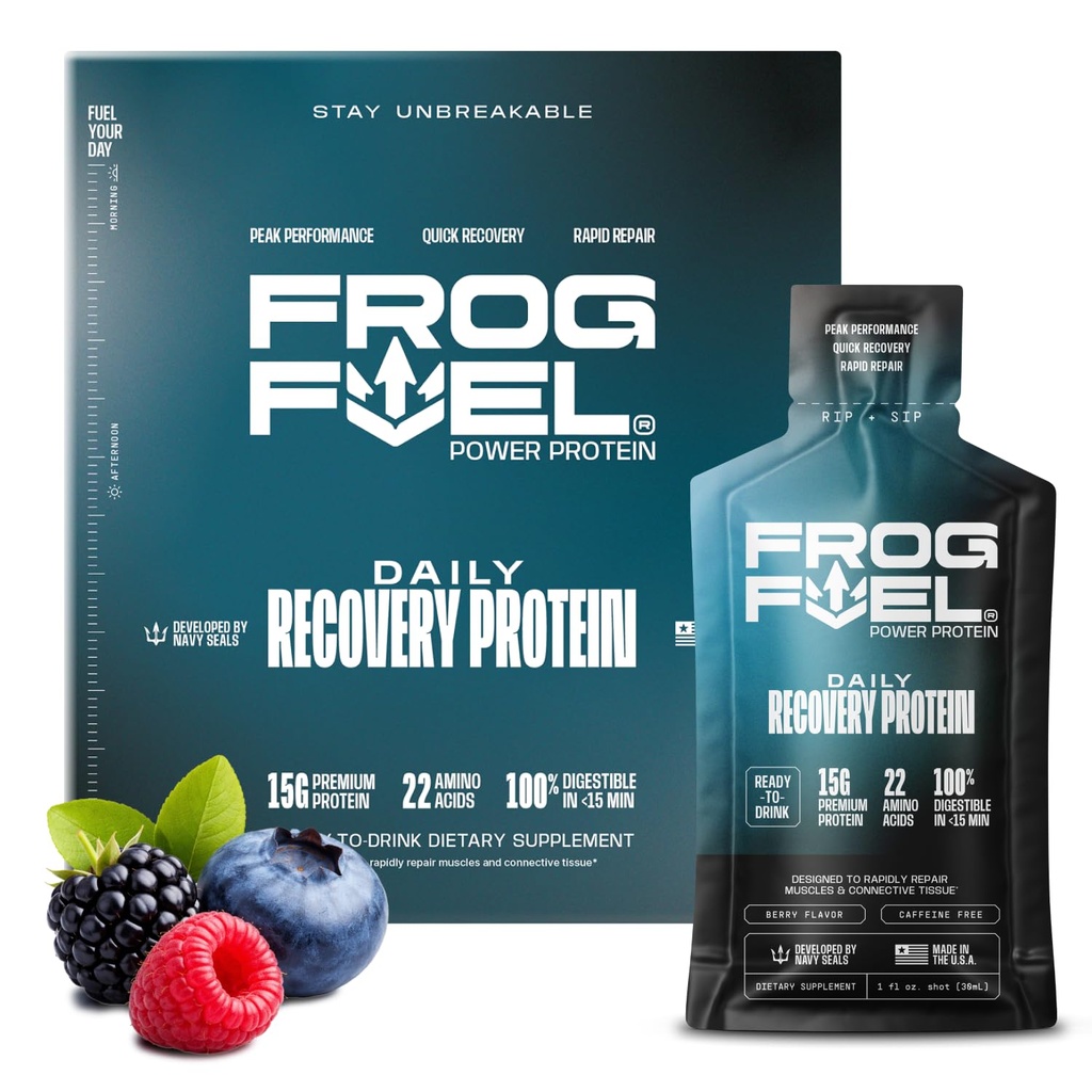 Frog Fuel Power Regular Protein Shot, 15g Protein Nano-Hydrolyzed Grass Fed Collagen, Post Workout, Glutenfrei, Fett & Zuckerfrei, 22 Aminosäuren, 0 Carbs, Berry, 1 Unze Packets, 24 Pack