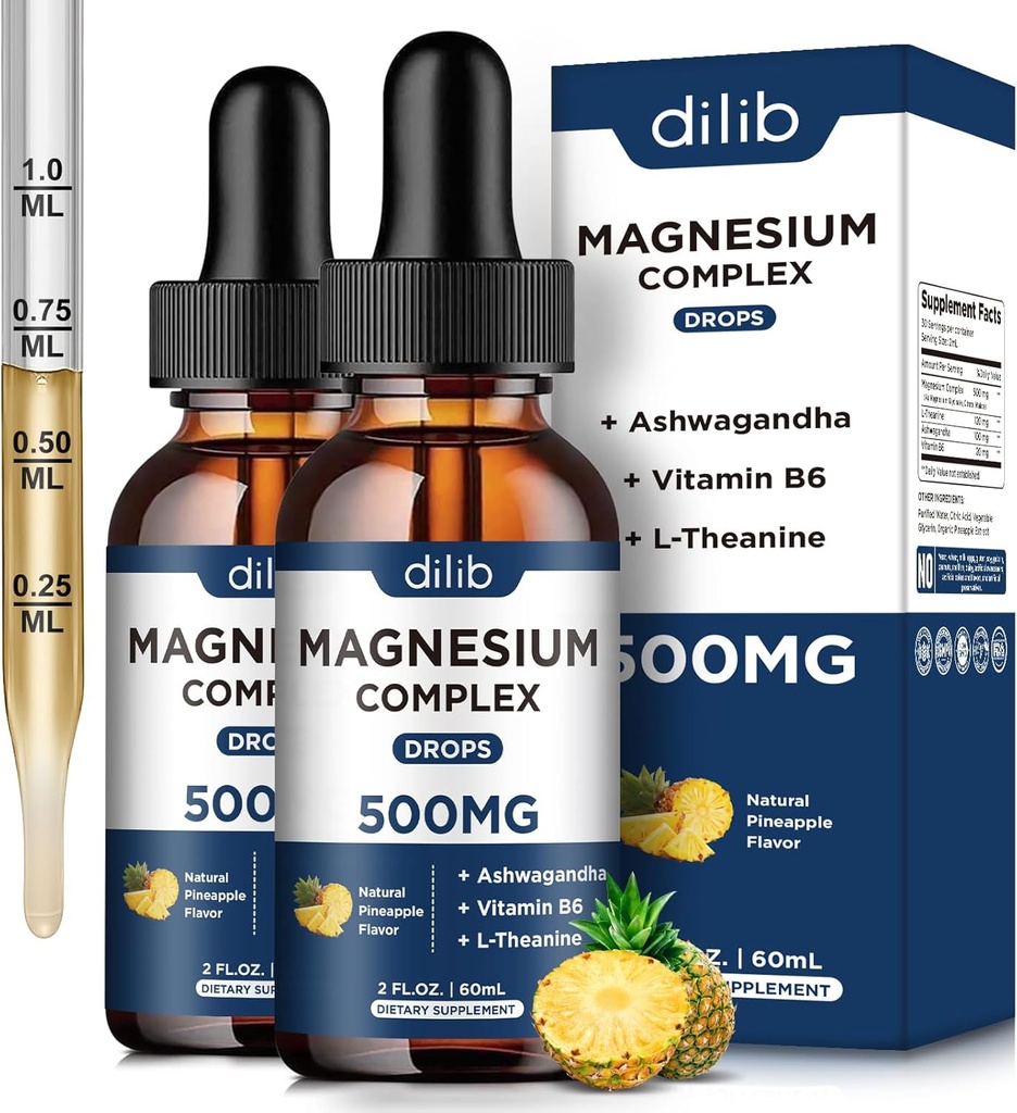 Magnesium Glycinate Liquid Drops 500mg - Dreifache Magnesium Complex Supplement mit Citrat, Malat, Ashwagandha, L-Theanin, Vitamin B6 für Schlaf, Stress Relief, Muskel, Ananas Flavor 4 Fl Oz