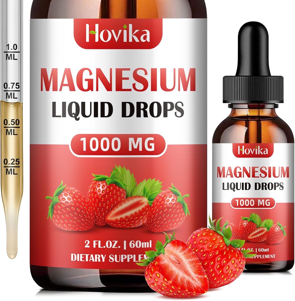 Magnesium Glycinat Flüssiger Tropfen mit Citrat, Malat und Taurat, Calm Magnesium Ergänzung mit Calcium, Kalium, Zink, CoQ10, D3, B6, B12 für Relax Mood, Muskel, Energie- Erdbeeren Flavor, 2 Fl Oz