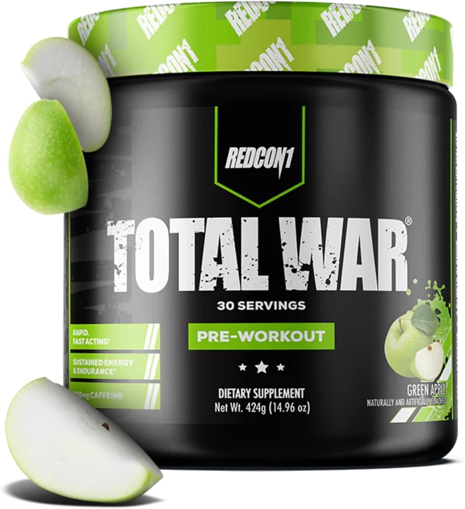 REDCON1 Total War Pre Workout, Green Apple - Fast Acting Caffeinated Preworkout für Männer + Frauen mit Beta Alanine - Enthält Citrulline Malate für erhöhte Pumpe, Blutfluss (30 Portionen)