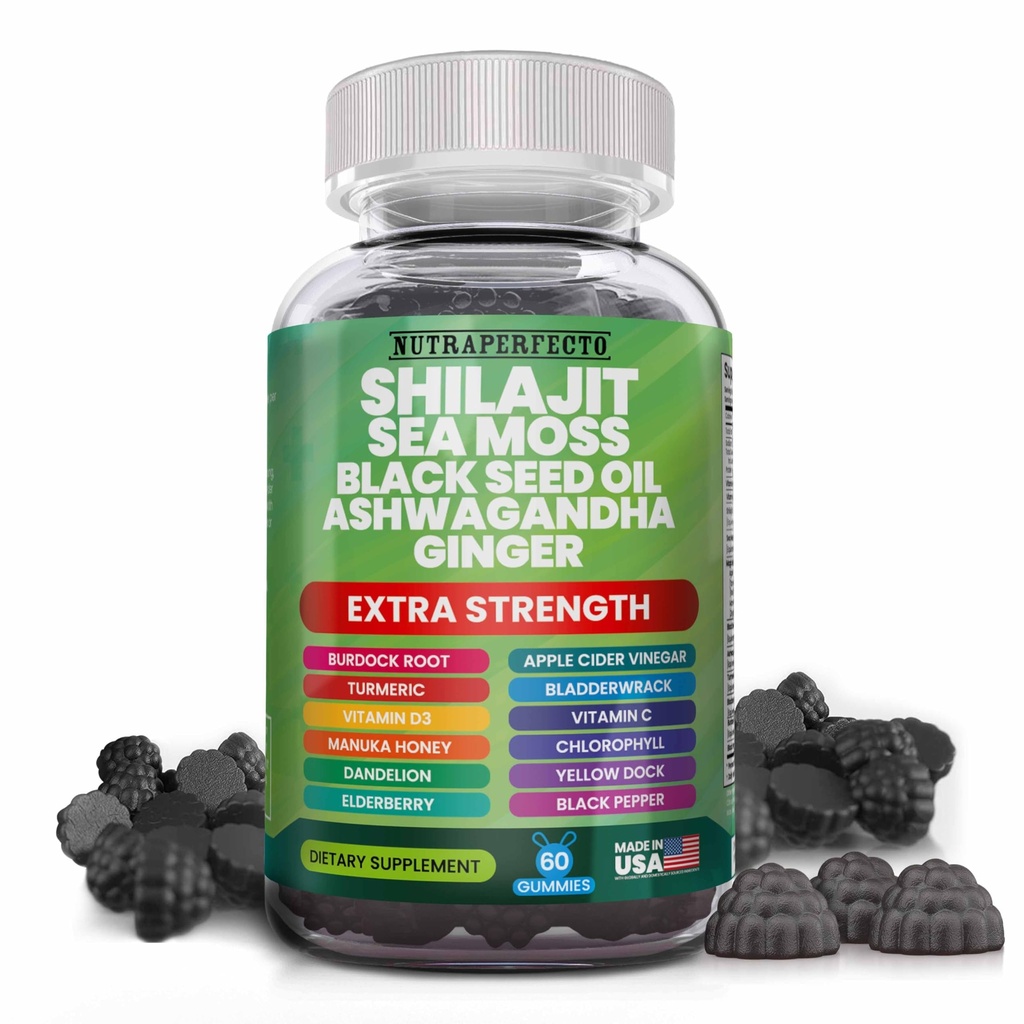 Shilajit Gummis mit Irish Sea Moss Black Seed Oil Ashwagandha Ginger Elderberry Vitamin D3 Chlorophyll Turmeric Bladderwrack Advanced Strength Formula Resin Shilajit für Herren & Frauen