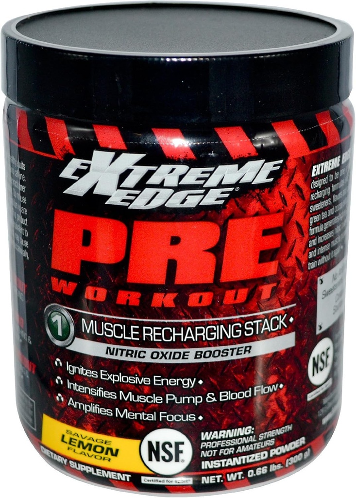Bluebonnet Nutrition Extreme Edge Pre Workout, Muscle Recharging Formula*, Erhöht Nitric Oxide (NO) Levels*, Soy-Free, Dairy-Free, Lemon, 0.66 LB, 30 Portionen