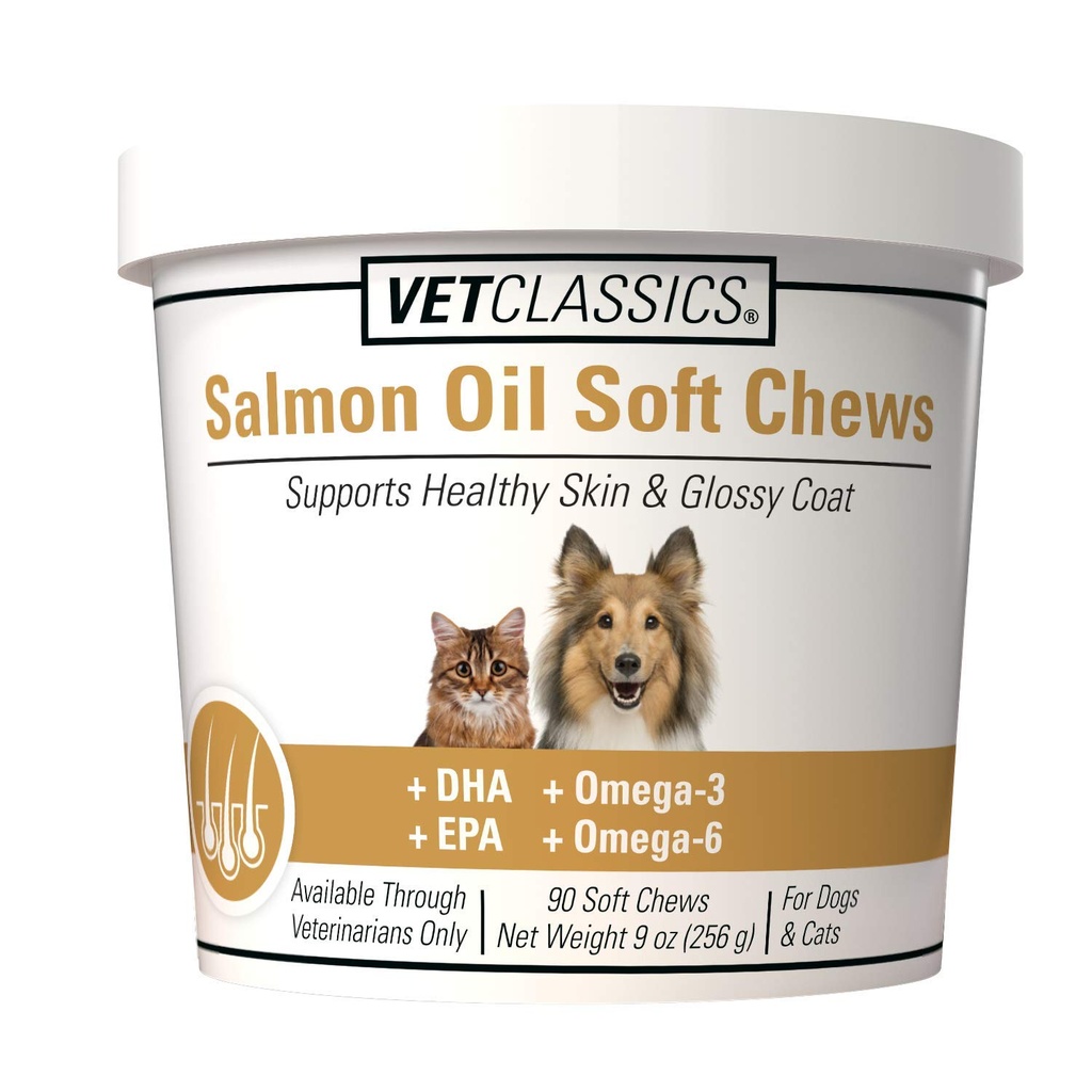 Vet Classics Lachsöl-Pet-Ergänzung für gesunde Haut, Glossy Mäntel – Hundemantel-Ergänzung, Katzenhaut-Ergänzung – umfasst Omega-3, 6, 9, Quelle von DHA, EPA – Soft Chews 90 Ct.