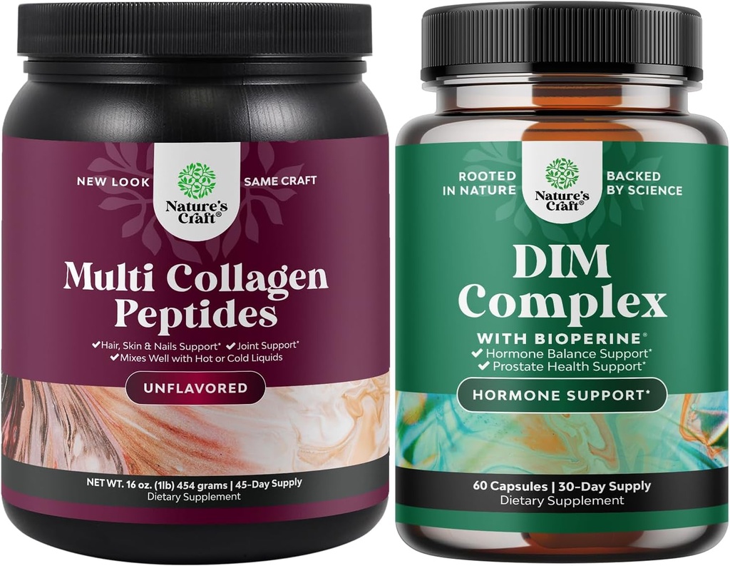 Natures Craft Bundle of Multi Collagen Protein Pulver für Frauen und Männer - Haar Haut und Nägel Vitamine und DIM Complex Männer und Frauen Hormon Balance Supplement