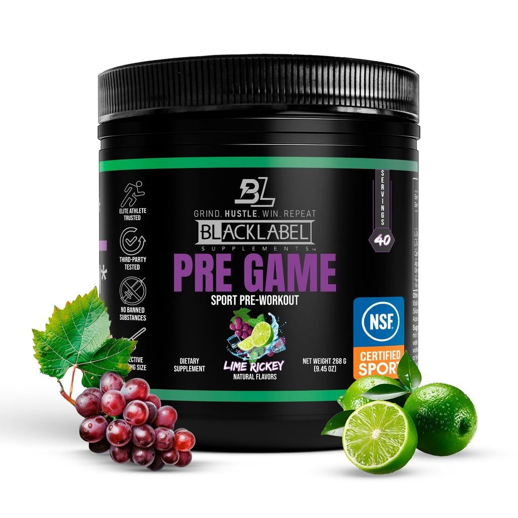 BLACKLABEL ergänzt PRE-Game Pre Workout Powder, Lime Rickey (40 Servierungen) – NSF zertifiziert für Sport – Anpassbare 150mg Koffein für Energie und Fokus – Low-Stimulant Pre Workout für Männer und Frauen