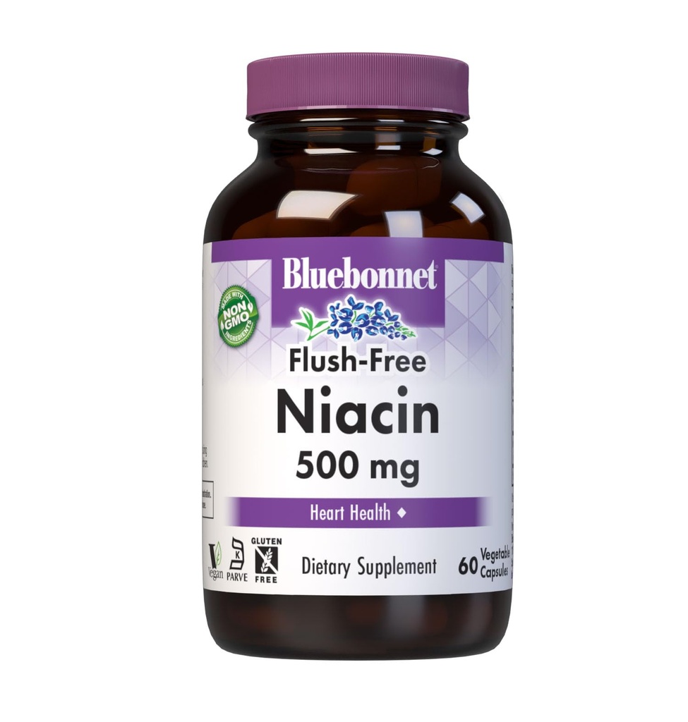 Bluebonnet Nutrition Flush-Free Niacin 500mg, for Nutritional Cardiovascular Support*, Soy-Free, Glutenfrei, Non-GMO, Kosher Certified, Dairy-Free, Vegan, 60 Gemüsekapseln, 60 Servietten