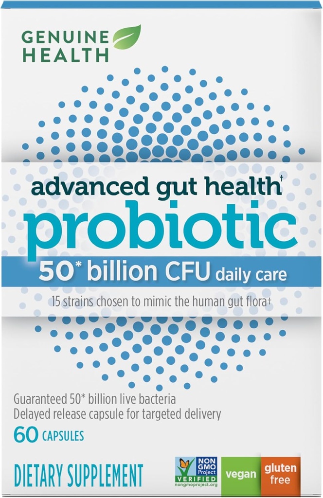 Genuine Health Probiotics, 50 Billion CFU, Daily Care, 15 Diverse Strains, Soy Free, Glutenfrei, Vegan Delayed-Release Capsules for Advanced Gut Health (60 Count)