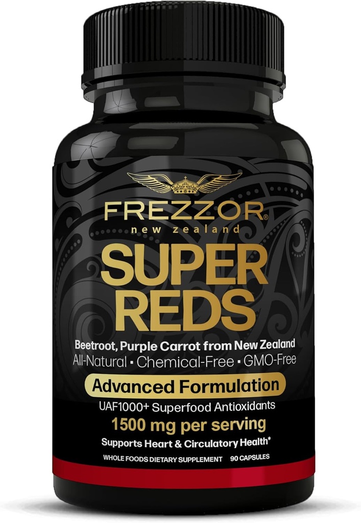 FREZZOR Super Reds Kapseln mit UAF1000+, All-Natural Neuseeland Red Superfood Energy, Essential Red Fruits Veggies& Beets, Antioxidantien, Enzyme, Energy Supplements, 90 Kapseln, 1 Flasche