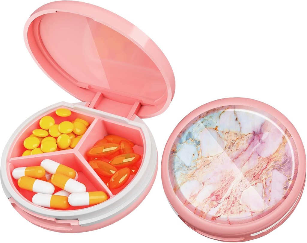 Serfeymi Small Pill Box - 3 Komponenten Tragbare Pille Box für Geldbörse Tasche, Compact Mini Travel Pill Case - Geeignet für Medizin, Vitamin, Fish Oil, Supplements - Pink(Marble)