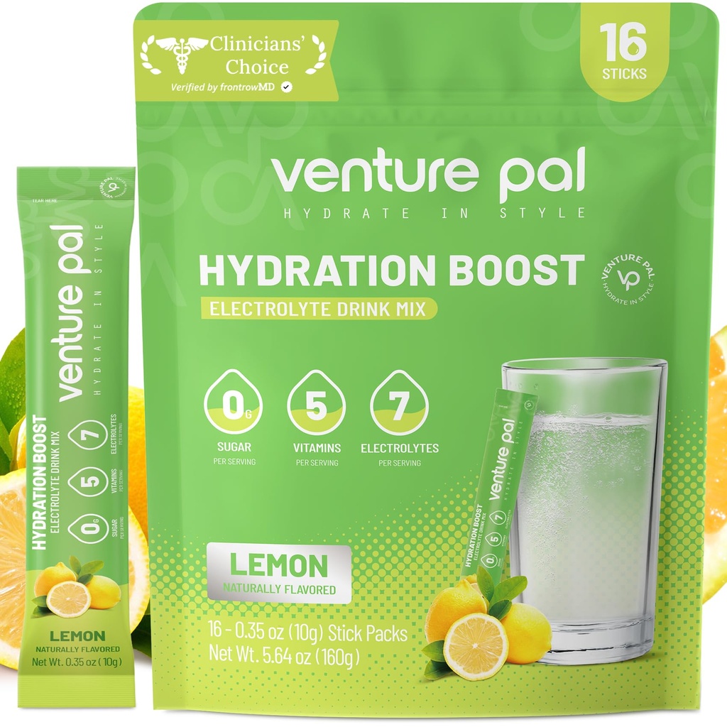 Venture Pal Sugar Free Electrolyte Powder Packets - Liquid Daily IV Drink Mix for Rapid Hydration & Party Recovery | 5 Vitamine & 7 Elektrolyte| Keto Friendly | Non-GMO | Certified Vegan | 16 Sticks