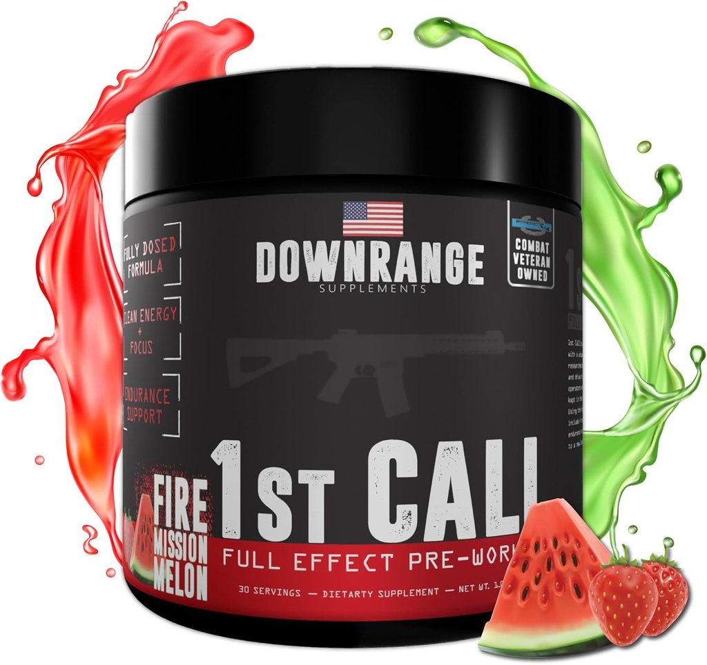 DownRange 1st Call Pre Workout Powder, Preworkout für Männer & Frauen, Aminosäure Beta Alanine & Koffein für Pumpe, Energie und Fokus Unterstützung, 30 Servierungen (Strawberry Watermelon)