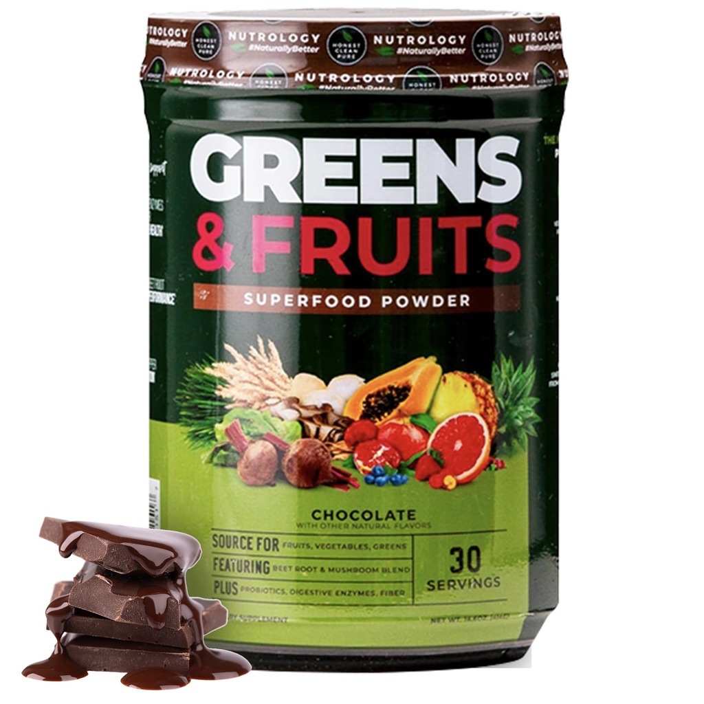 Nutrology Greens & Fruits Powder-Naturally Sourced Fruits, Gemüse, Rübenpulver & Pilzmischung, Probiotika, Verdauungsenzyme, Faser, Antioxidantien, Immununterstützung, Glutenfrei - Schokolade