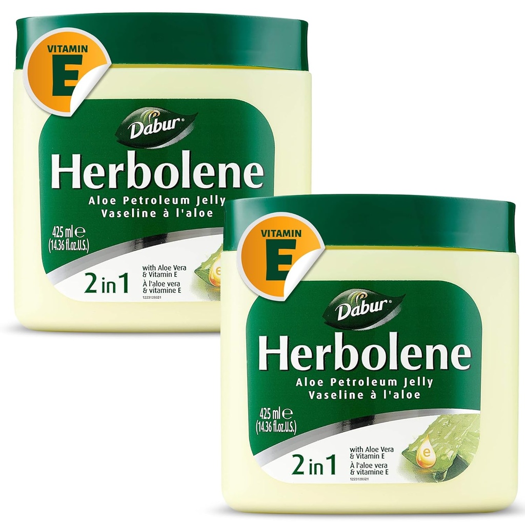 Dabur Herbolene Aloe Vera Gel Petroleum Jelly - Verbessert mit Vitamin E für tiefe und intensive Haut Feuchtigkeit - Gentle on Sensitive Haut - Nourishing Bliss and Lasting Hydration - 425 ML (Pack von 2)
