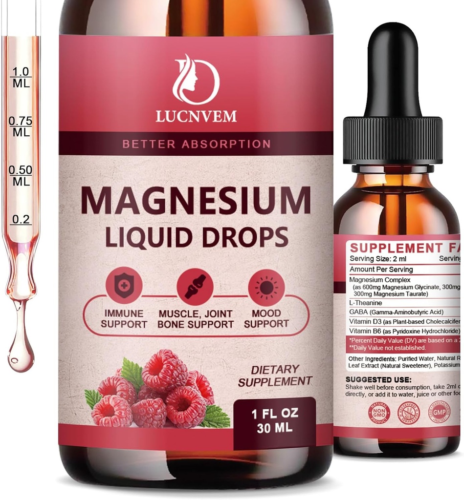 90% Absorption Magnesium Glycinate Flüssigkeitstropfen mit Citrat und Taurat, Magnesium Complex 1200mg mit GABA, L-Theanin, D3 und B6 für Ruhe, Schlaf, Entspannung - Raspberry Flavor 1 Fl Oz (Pack von 2)