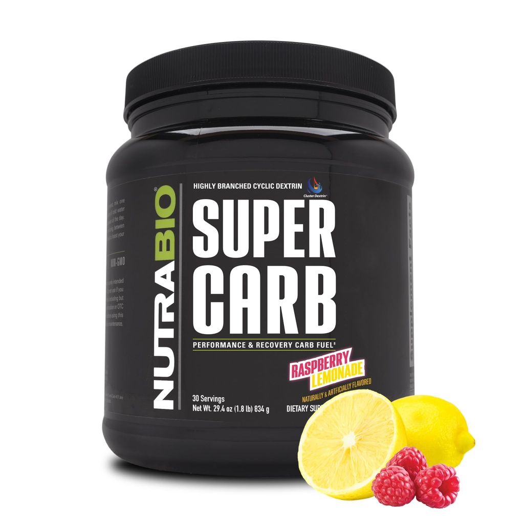 NutraBio Super Carb, Kohlenhydrat-Pulver mit Cluster Dextrin & Elektrolyte, Advanced Carb Supplement Powder for Workout Fuel,Performance und Muskel Erholung,Cyclic Dextrin,Raspberry Lemonade, 30 Sv