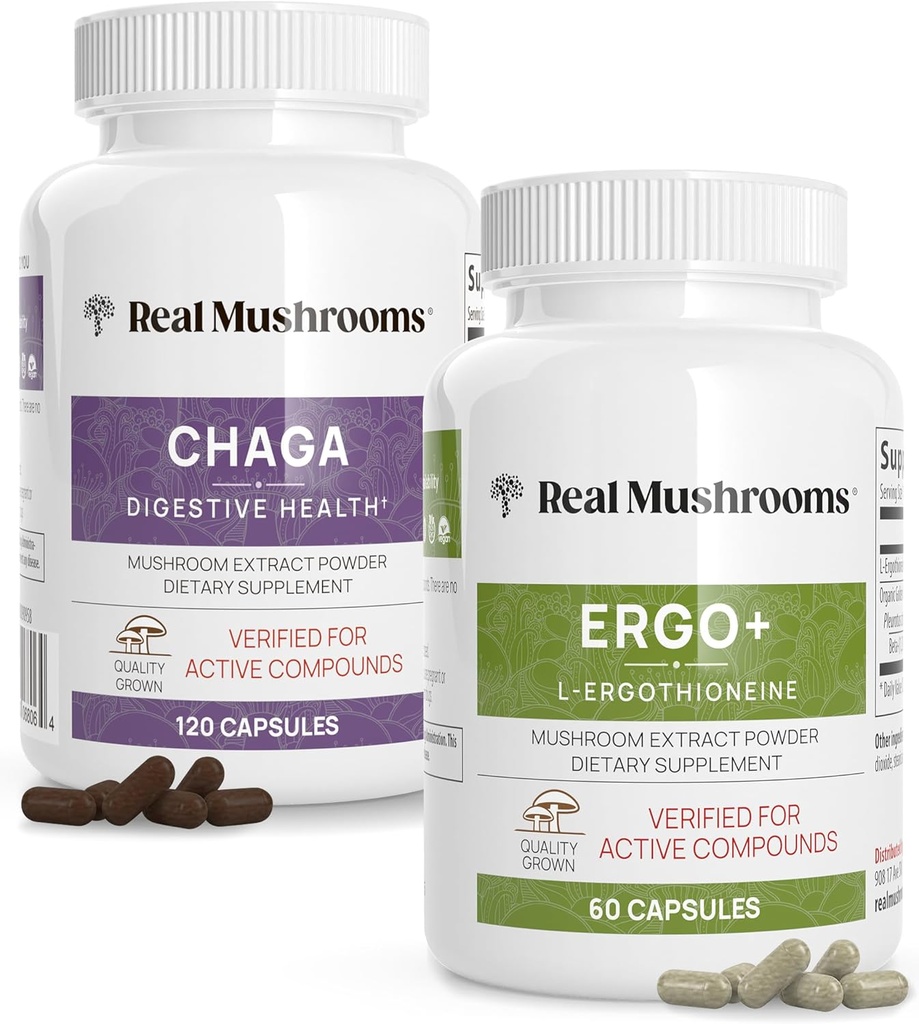 Echte Pilze Ergothioneine (60ct) und Chaga (120ct) Bundle mit Shiitake und Oyster Pilzextrakt - Langlebigkeit, Verdauungsgesundheit - Vegan, Glutenfrei, Non-GMO - Natürliche Unterstützung für gesundes Altern