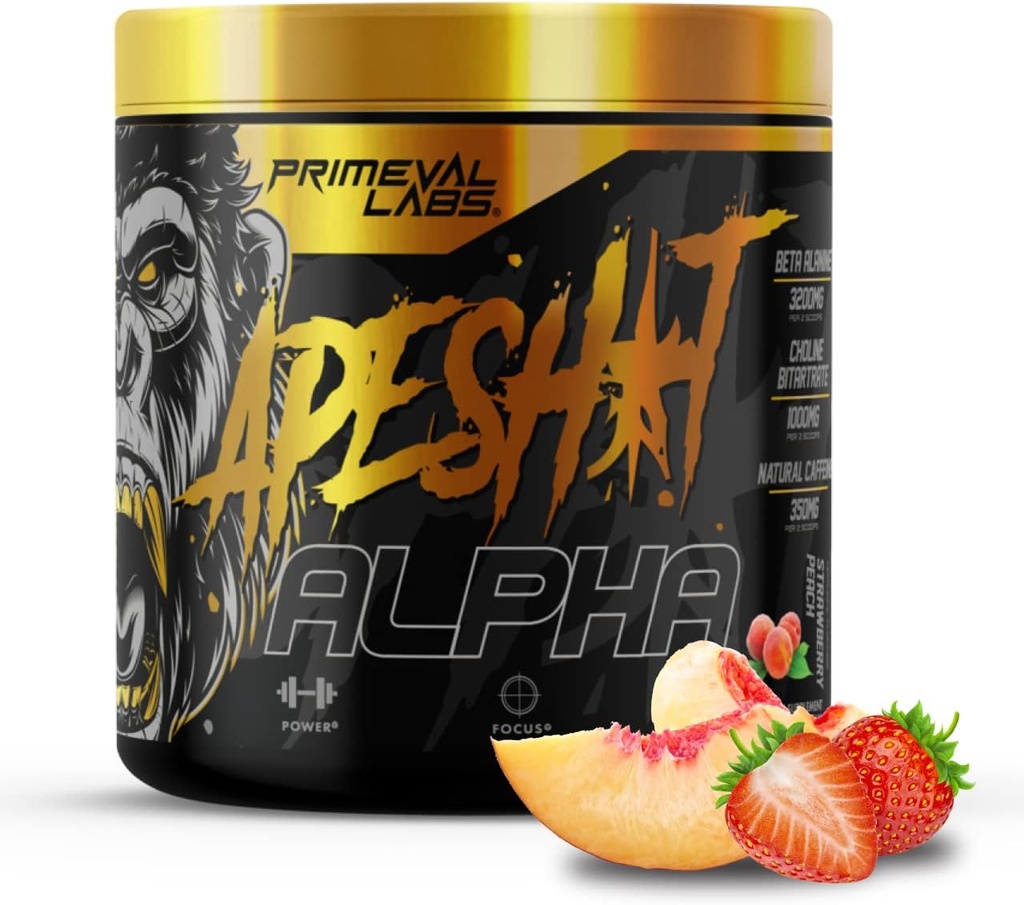 Primeval Labs Ape Alpha Natural Pre Workout für Männer und Frauen | Erhöhen Endurance und Fokus | 350mg Koffein | Beta-Alanine |L citrulline | Nitric Oxide Booster | Erdbeere Peach, 40 Servierungen