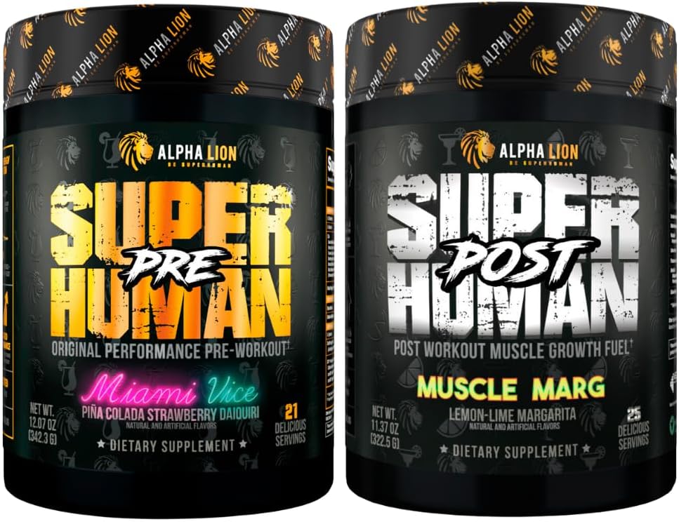 ALPHA LION Superhuman Pre Workout Powder & Post Workout Recovery Bundle, Sustained Energy & Focus + Lean Muskelwachstum, Stärke & Volumen (Miami Vice & Muskel Marg)