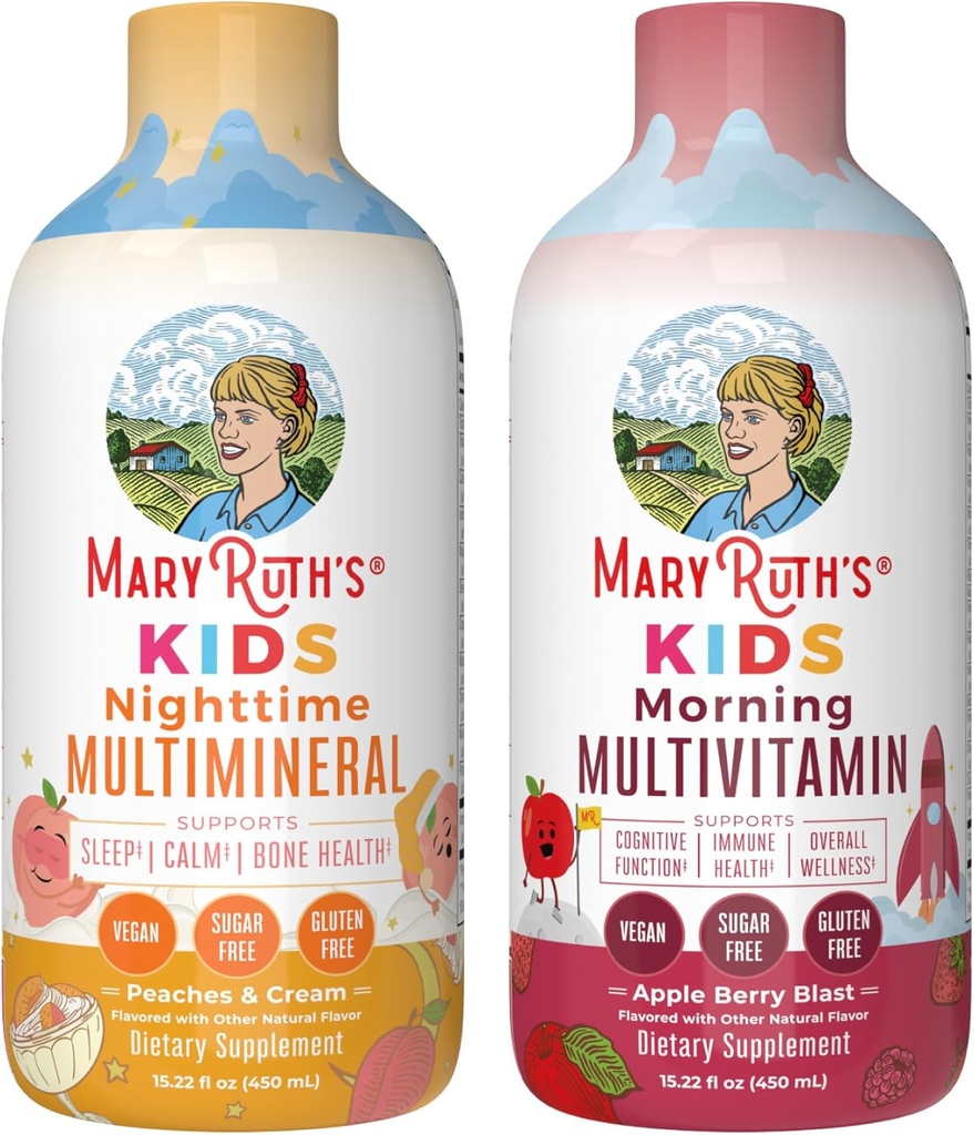 MaryRuth's Liquid Multivitamin (Apple Berry) & Nighttime Multimineral (Peaches & Cream) für Kinder | Clean Label Project Verified® | Vitamine für Energie, Muskelentspannung, & Gesamt Wellness | Vegan