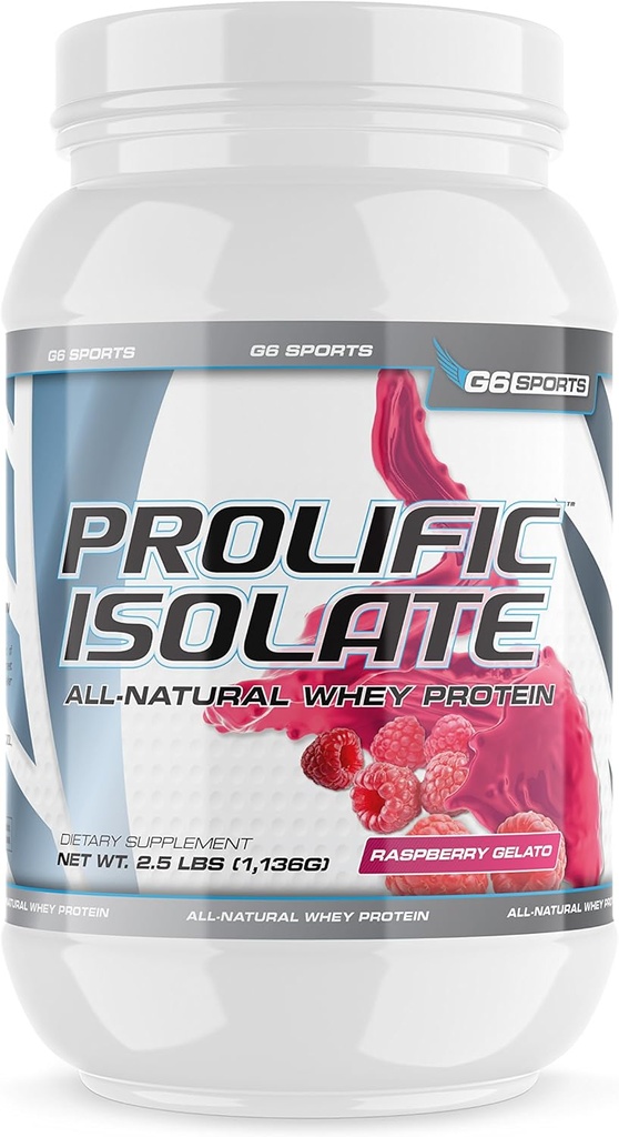G6 Sports Nutrition Prolific Isolate All Natural Whey Protein Isolate (Gluten Free, Lactose Free, Soy Free, Stevia Sweetened, 25g Protein, 100 Kalorien) – 2.5lb Jar – Raspberry Gelato
