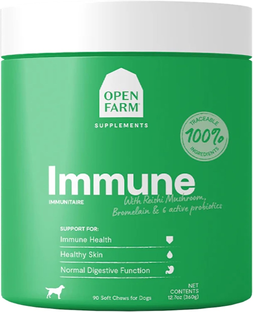 Open Farm Immune Chews, Hundeergänzung mit pflanzlichen Inhaltsstoffen und Probiotika für Immun- und Hautunterstützung, 12,7 oz, 90 Count