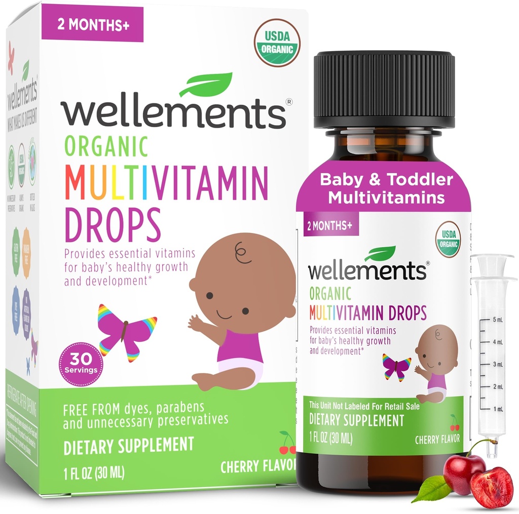 Wellements Organic Baby Multivitamin Drops (1 Fl Oz) - Cherry Flavor Liquid Multivitamines for Infants & Kleinkinds (2 Monate+) - Kleinkind Vitamine für Immununterstützung*, Gesundes Wachstum & Knochenentwicklung*