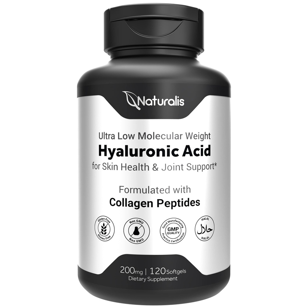 Naturalis Hyaluronsäure 200mg, 10x Bessere Absorption Ultra niedriges molekulares Gewicht mit Collagen, Biotin, Selenium & Vitamin E | Haar, Haut, Nägel & Gelenkergänzungen | 120 Softgels